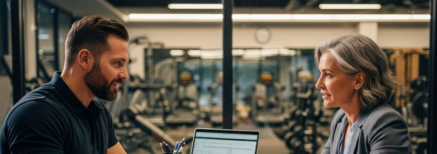 Gym owner reviewing fitness center loan options with a business financing advisor