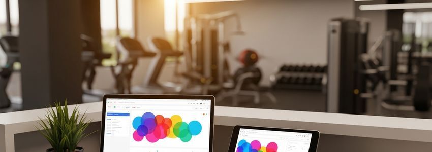 Fitness center technology and software financing options displayed on tablet and laptop in a modern gym setting