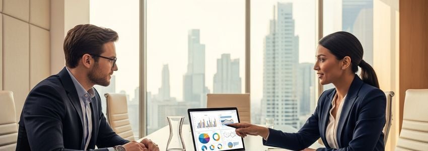 Two business professionals reviewing industry cost benchmark data on a laptop screen in a modern conference room