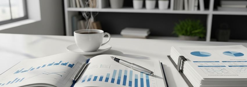 Business professional analyzing loan rate comparison documents at a modern office desk