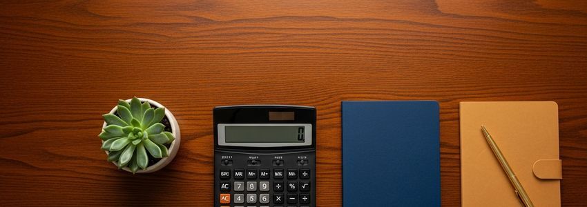 Financial planning desk with calculator, loan documents and pen representing business loan interest rate comparison