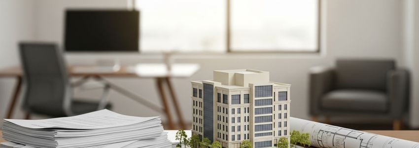 Commercial real estate loan documents and building model on office desk representing Florida business property financing