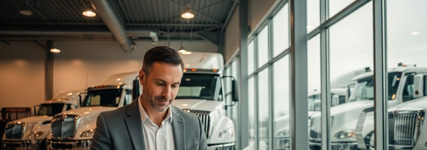 Business owner reviewing flatbed truck loan financing options at a commercial truck dealership