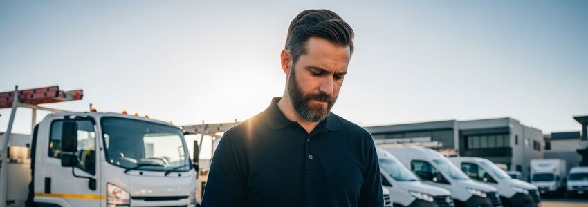 Fleet manager reviewing commercial vehicle financing documentation at truck depot yard