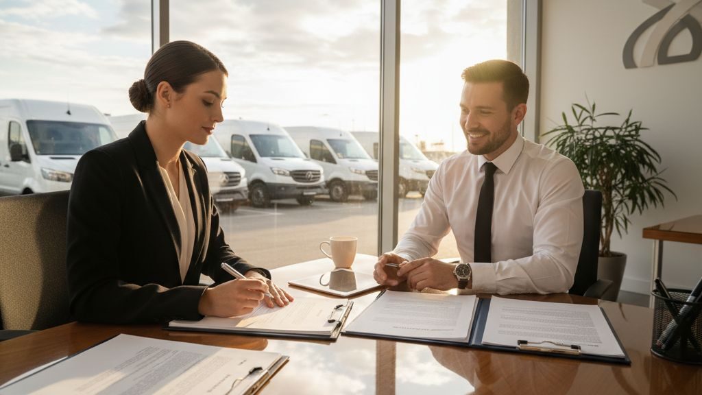 Business owner reviewing commercial fleet financing documents at dealership office