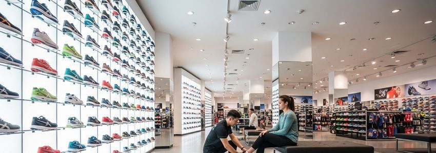 Fleet Feet franchise store employee helping customer with running shoe fitting