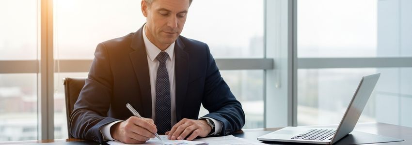 Business owner reviewing commercial fleet financing documents at office desk