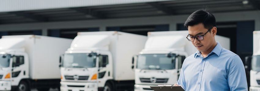 Fleet manager reviewing commercial vehicle financing documents at logistics depot