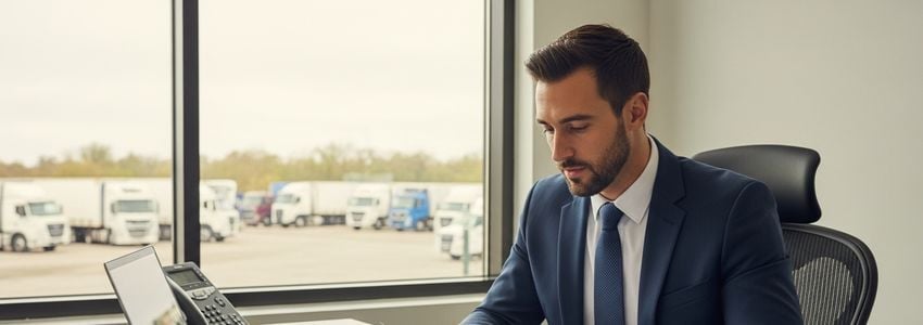 Transportation business owner reviewing fleet lease documents for commercial truck financing
