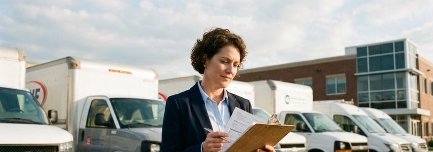 Fleet manager reviewing documents with commercial vehicles in background