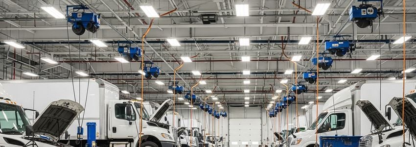 Professional fleet maintenance garage with commercial trucks and service equipment