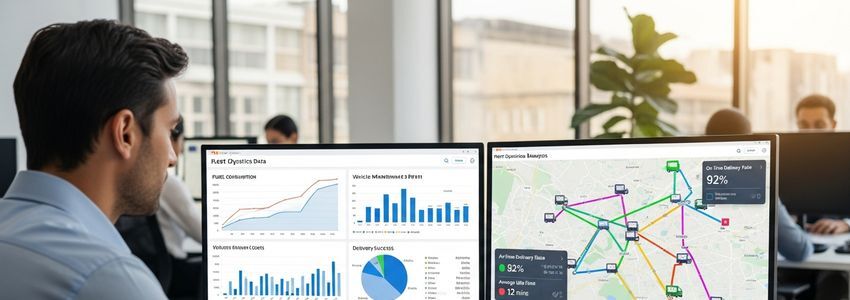 Fleet manager reviewing commercial vehicle fleet analytics dashboard