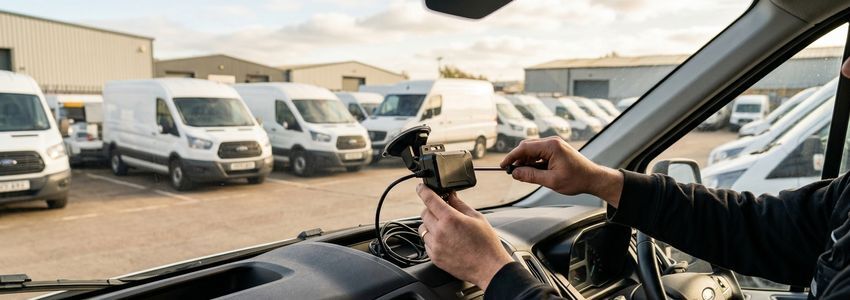 Technician installing a GPS telematics device inside a commercial fleet van with delivery vehicles visible in the background