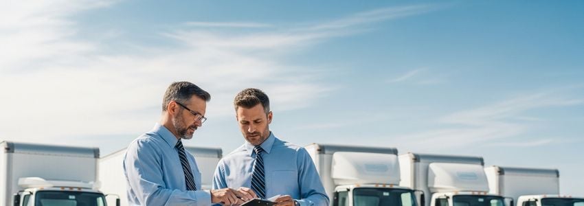 Business owners reviewing fleet loan refinancing documents at a modern office with commercial trucks visible outside