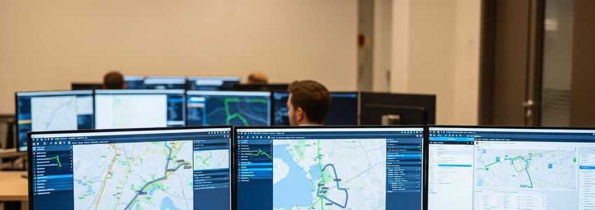 Fleet manager reviewing GPS tracking and telematics data on computer monitors in a modern operations center