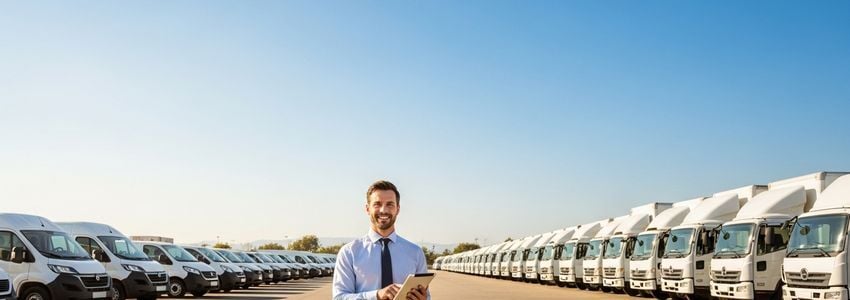 Fleet manager reviewing vehicle financing options with commercial fleet vehicles in background