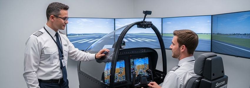 Flight instructor and student pilot training in a modern flight simulator