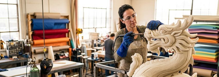 Float construction fabricator shaping a decorative foam sculpture in a commercial workshop