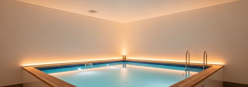 Open-top commercial float cabin with calm water in a professional float therapy center