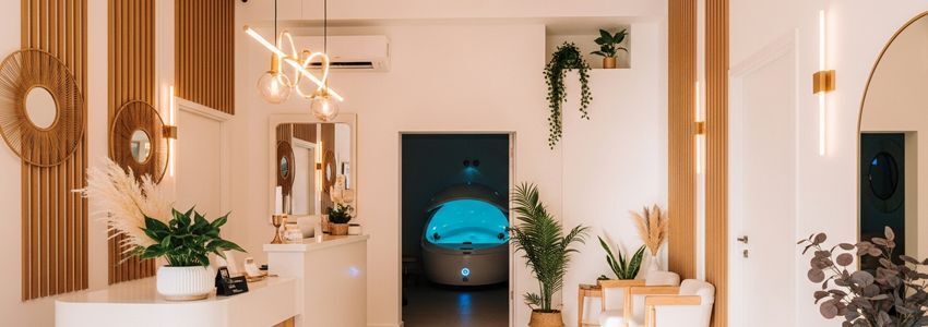 Float therapy spa interior with float pods and reception area showing a professional wellness center eligible for business financing