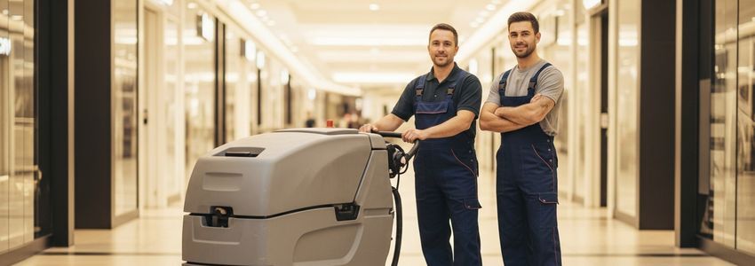 Business owner reviewing floor scrubber financing options in a commercial facility