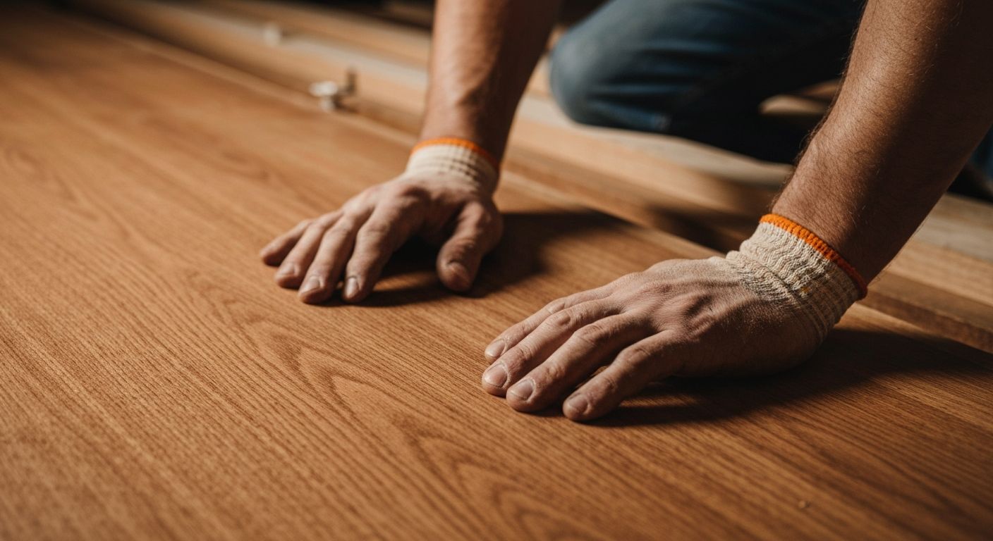 Flooring contractor installing hardwood floors in a modern commercial space