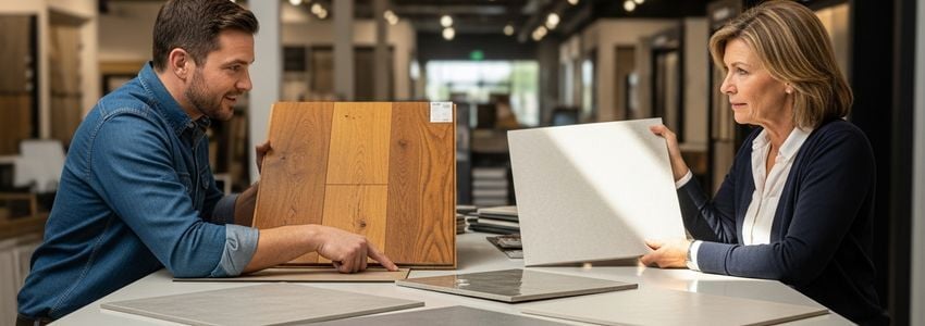 Flooring franchise owner and customer reviewing flooring samples