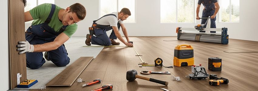 Professional flooring installation crew laying luxury vinyl plank in commercial space