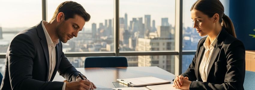 Business professionals reviewing commercial real estate loan documents in a Florida office