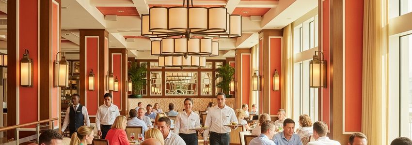 Florida restaurant owner reviewing hospitality business loan options with a financial advisor