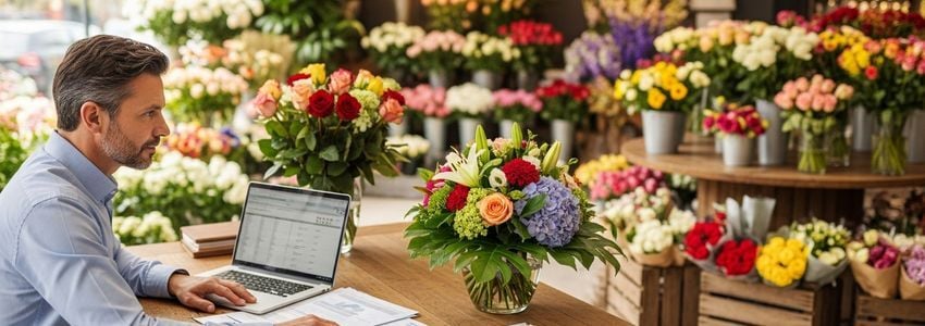 Flower shop owner reviewing business loan documents and financial planning