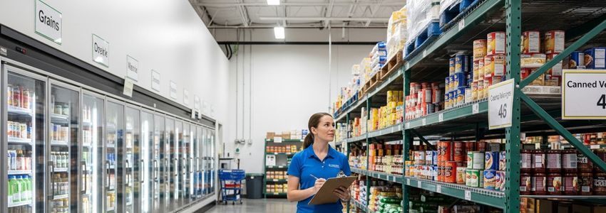 Food bank operations manager reviewing inventory for equipment financing