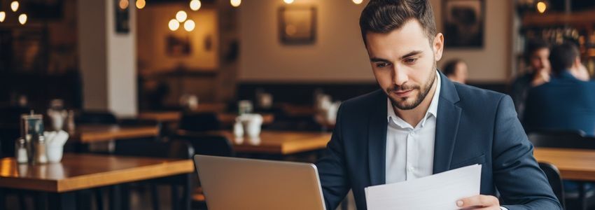 Food and beverage business owner reviewing financing options at a restaurant table