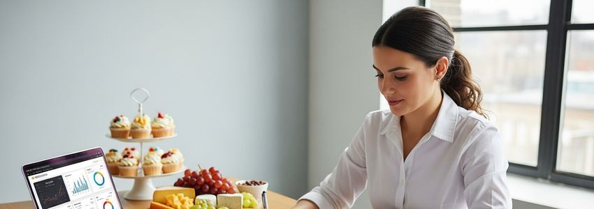 Food blogger reviewing business loan options at a modern desk with financial documents