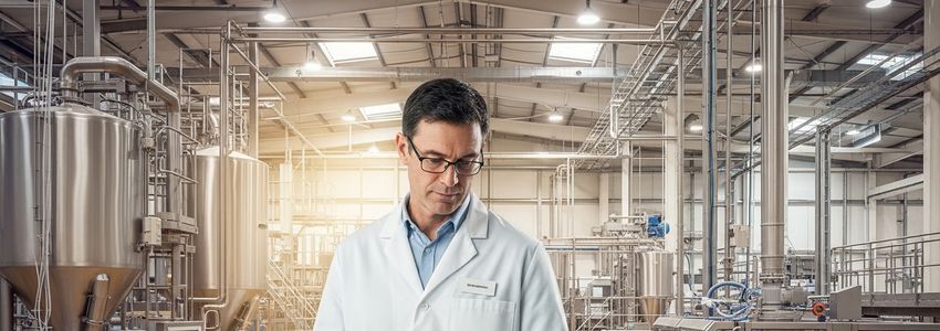 Food processing facility manager reviewing equipment loan documents in front of industrial stainless steel processing equipment