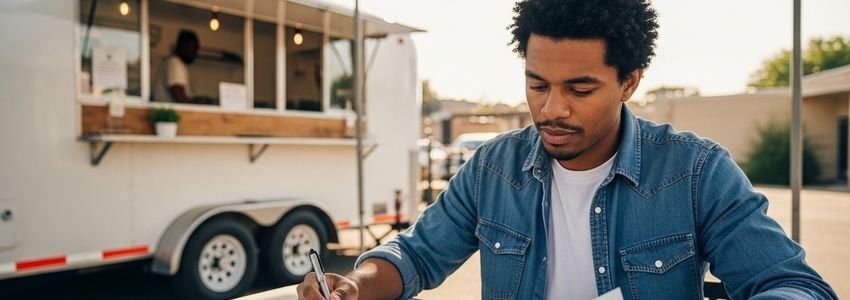 Food trailer business owner reviewing financing documents outside mobile food unit