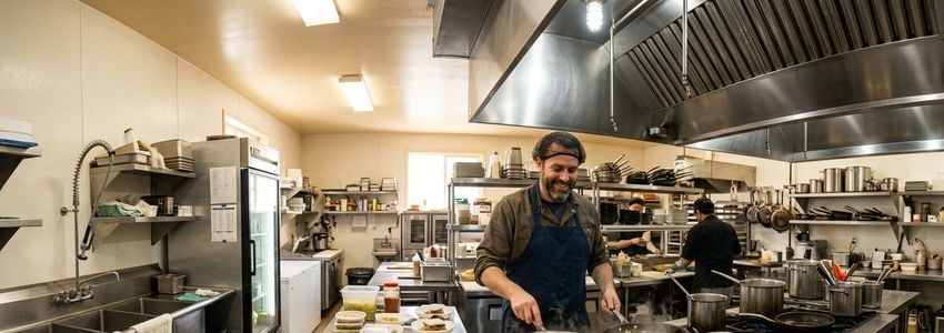 Food truck owner preparing orders inside a licensed commissary kitchen with stainless steel prep stations