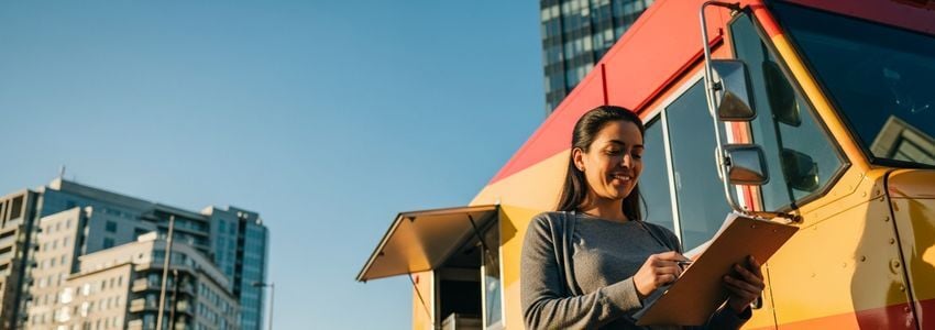 Food truck owner reviewing business loan documents outside their truck