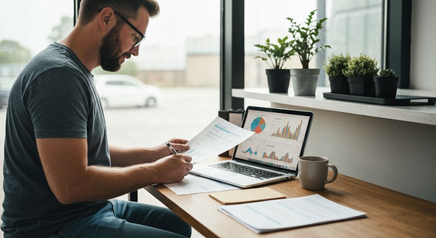 Food truck owner reviewing financing options and business plan for their mobile food business