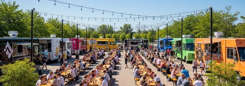 Food truck park outdoor dining area with multiple food trucks and guests enjoying meals