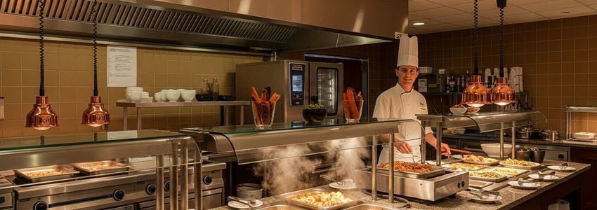 commercial food warmer and steam table equipment in a restaurant kitchen