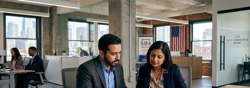 Foreign national business owners meeting with a U.S. financing advisor to discuss business loan options
