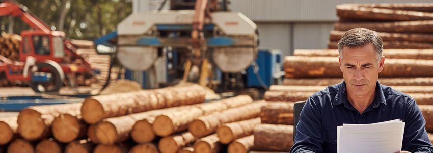 A timber business owner reviewing forestry company loan documents at a sawmill facility with stacked logs in the background