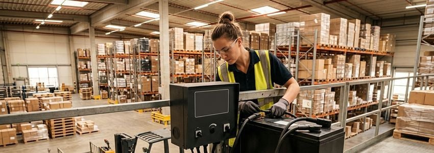 Warehouse worker inspecting an electric forklift battery charging station in a distribution facility