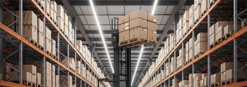 Electric forklift lifting pallets in a modern warehouse distribution center with tall metal racking systems