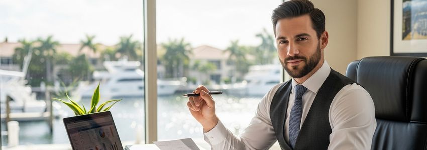 Small business owner in Fort Lauderdale reviewing loan options with waterfront marina view