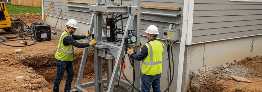 Foundation repair crew installing hydraulic piers next to a residential building foundation