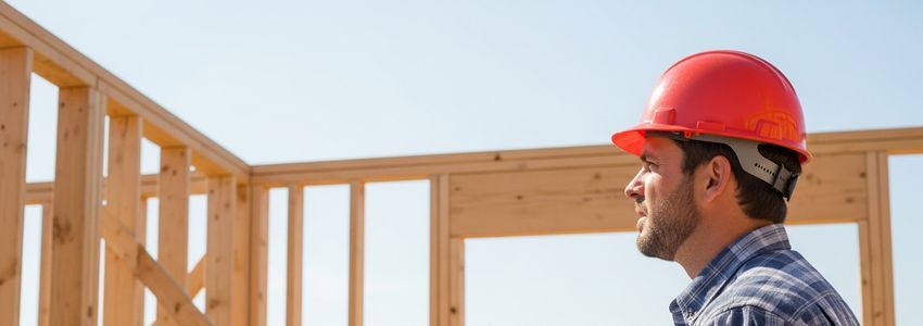 Framing contractor reviewing blueprints at construction site