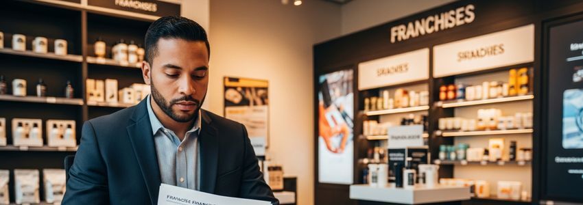 Business owner reviewing franchise buildout financing documents in a retail store