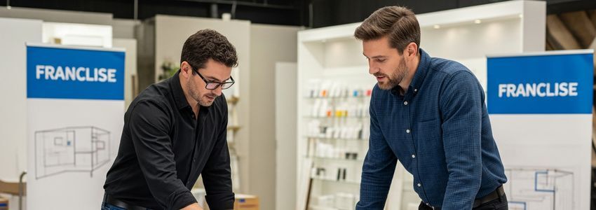 Business owner reviewing franchise conversion renovation plans with contractor